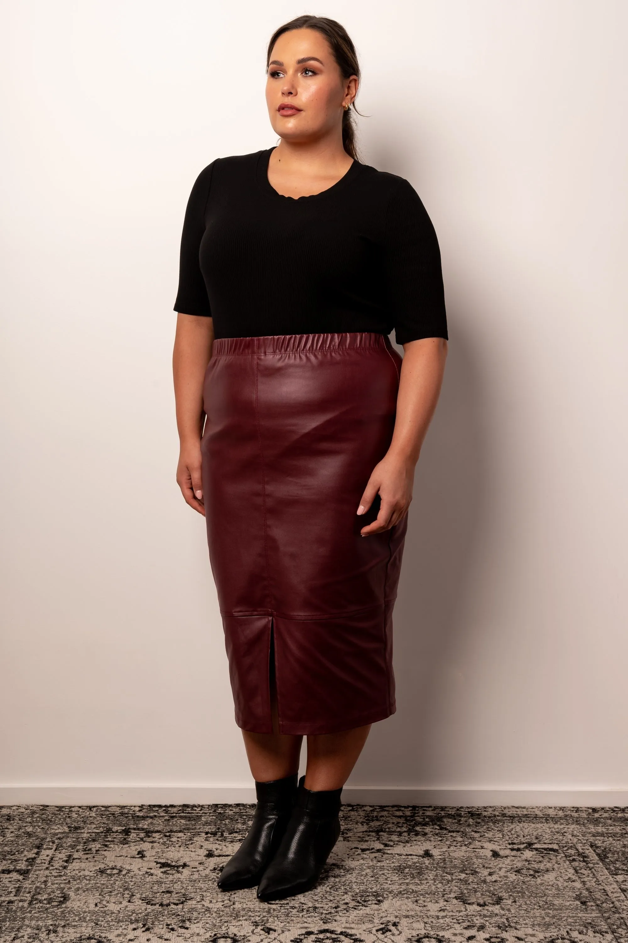 Born To Be Wild Leather Look Midi Skirt - Bordeaux - LAST ONES - XS (12/14) & S (14/16)