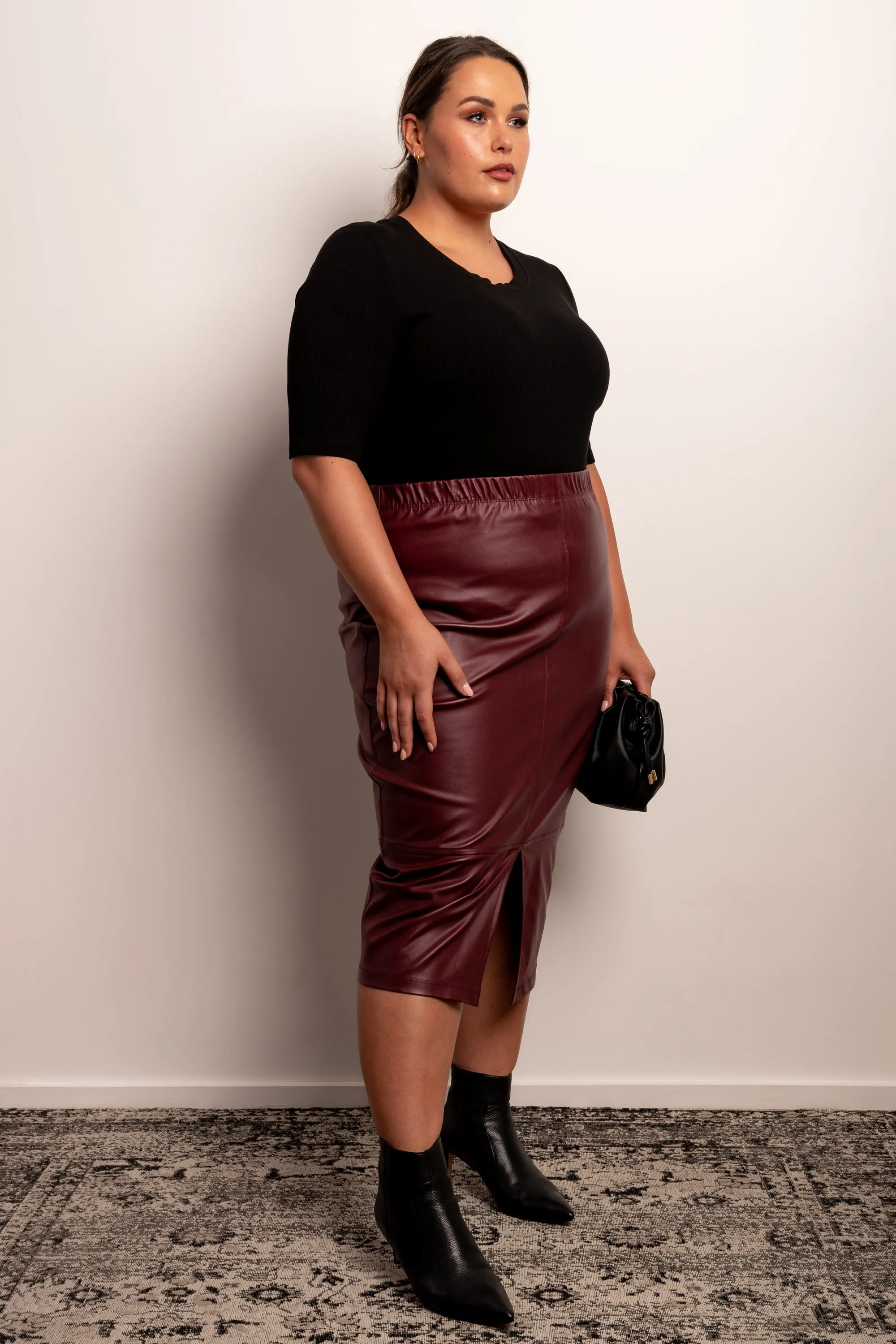 Born To Be Wild Leather Look Midi Skirt - Bordeaux - LAST ONES - XS (12/14) & S (14/16)