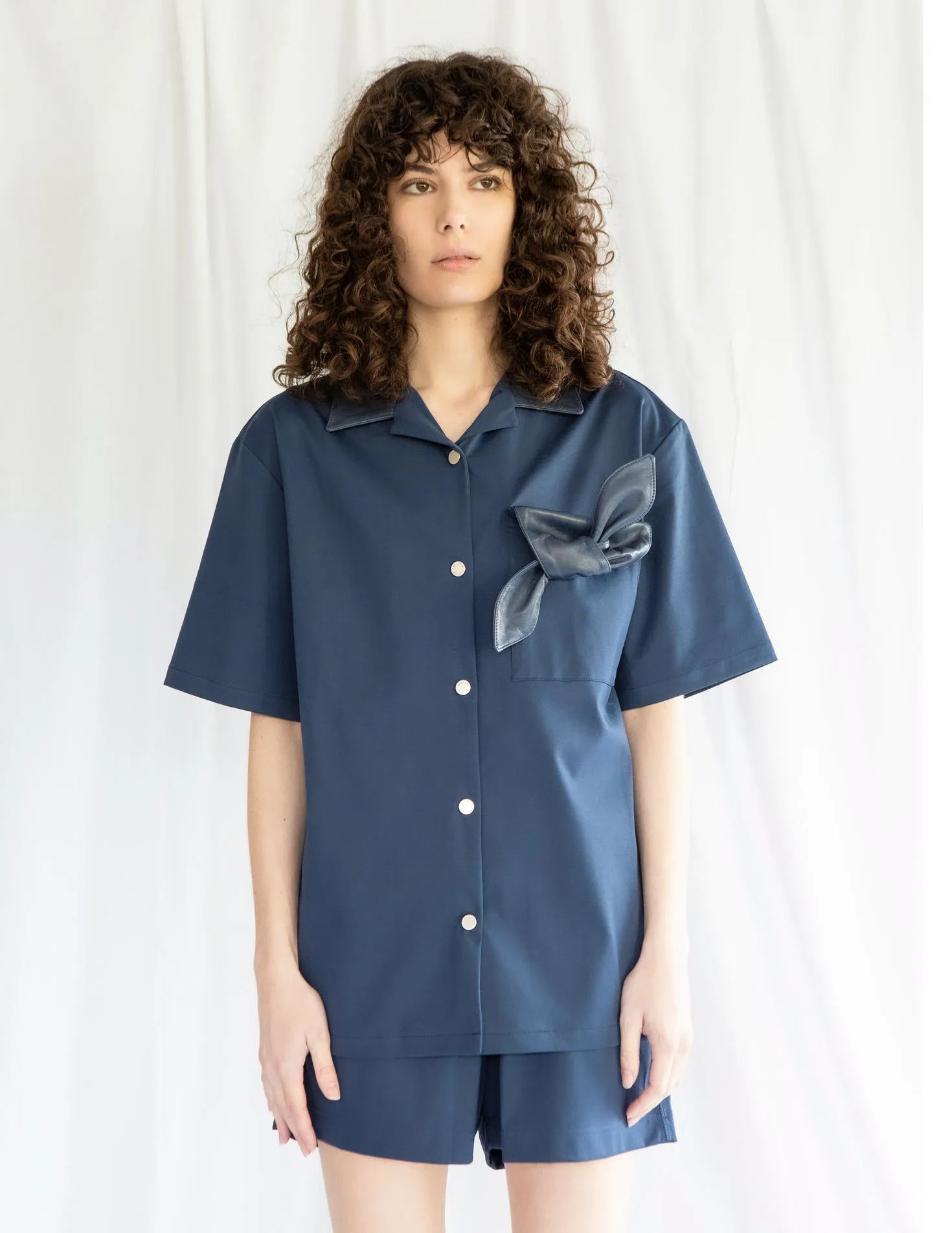 Bowling Shirt and Shorts Set in Navy Ponte with Leather