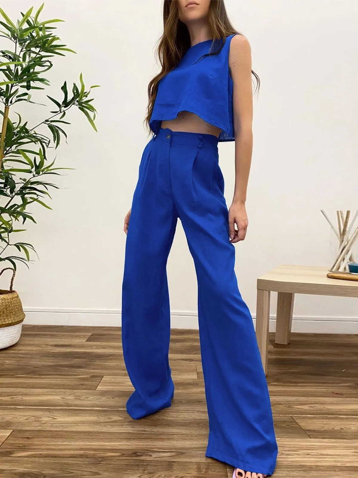 Breezy Cotton Cropped Tank Top  High Waist Pants Set