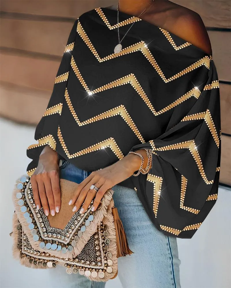 Bronzing Chevron Print Lantern Sleeve Top