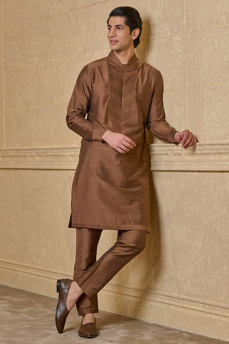 Brown Kurta Set With Pintuck Yoke