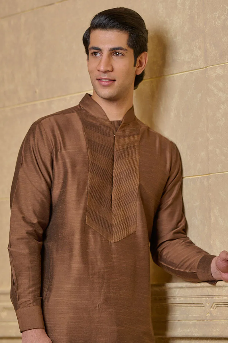 Brown Kurta Set With Pintuck Yoke