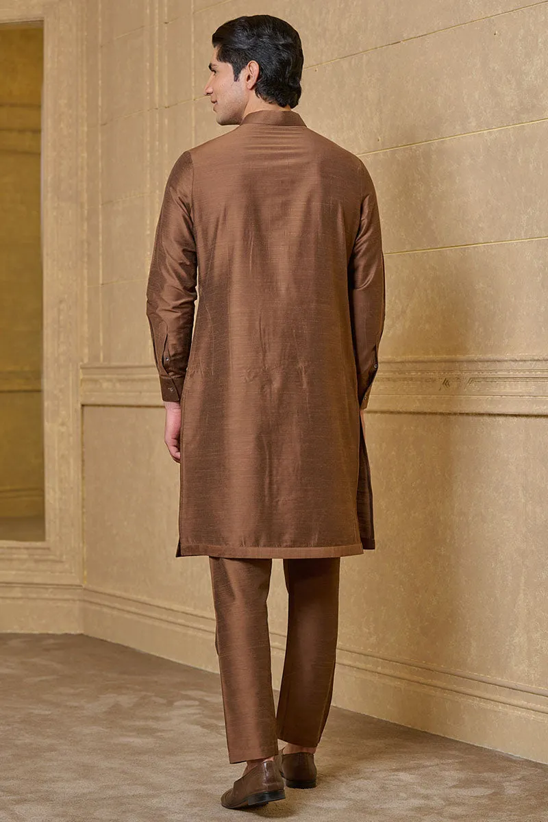 Brown Kurta Set With Pintuck Yoke