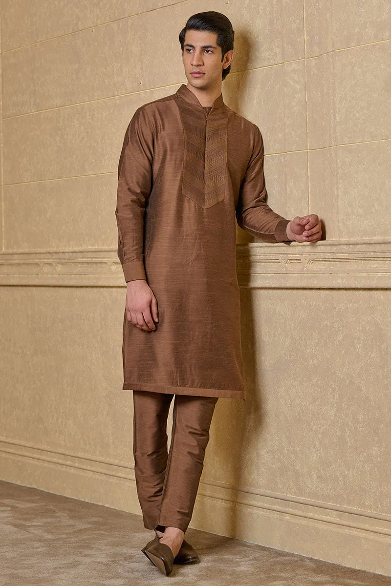 Brown Kurta Set With Pintuck Yoke