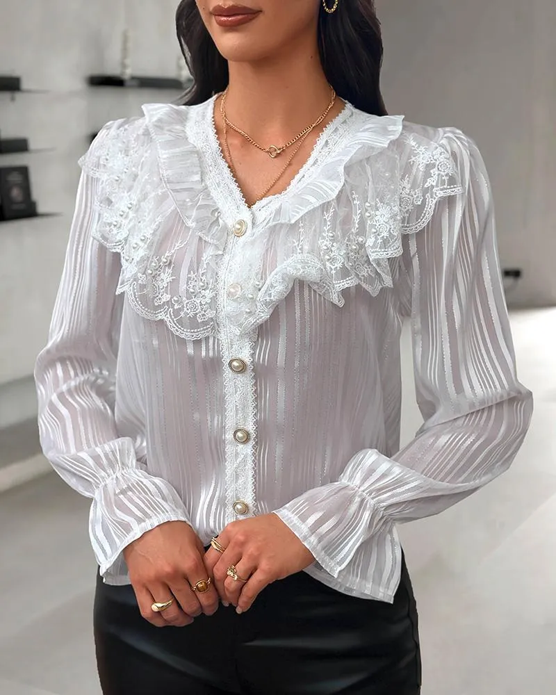 Buttoned Lace Trim Bell Sleeve Top