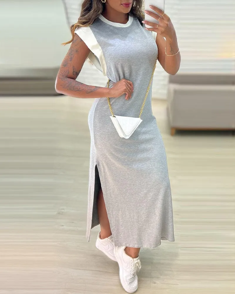 Cap Sleeve Round Neck Side Slit Casual Dress