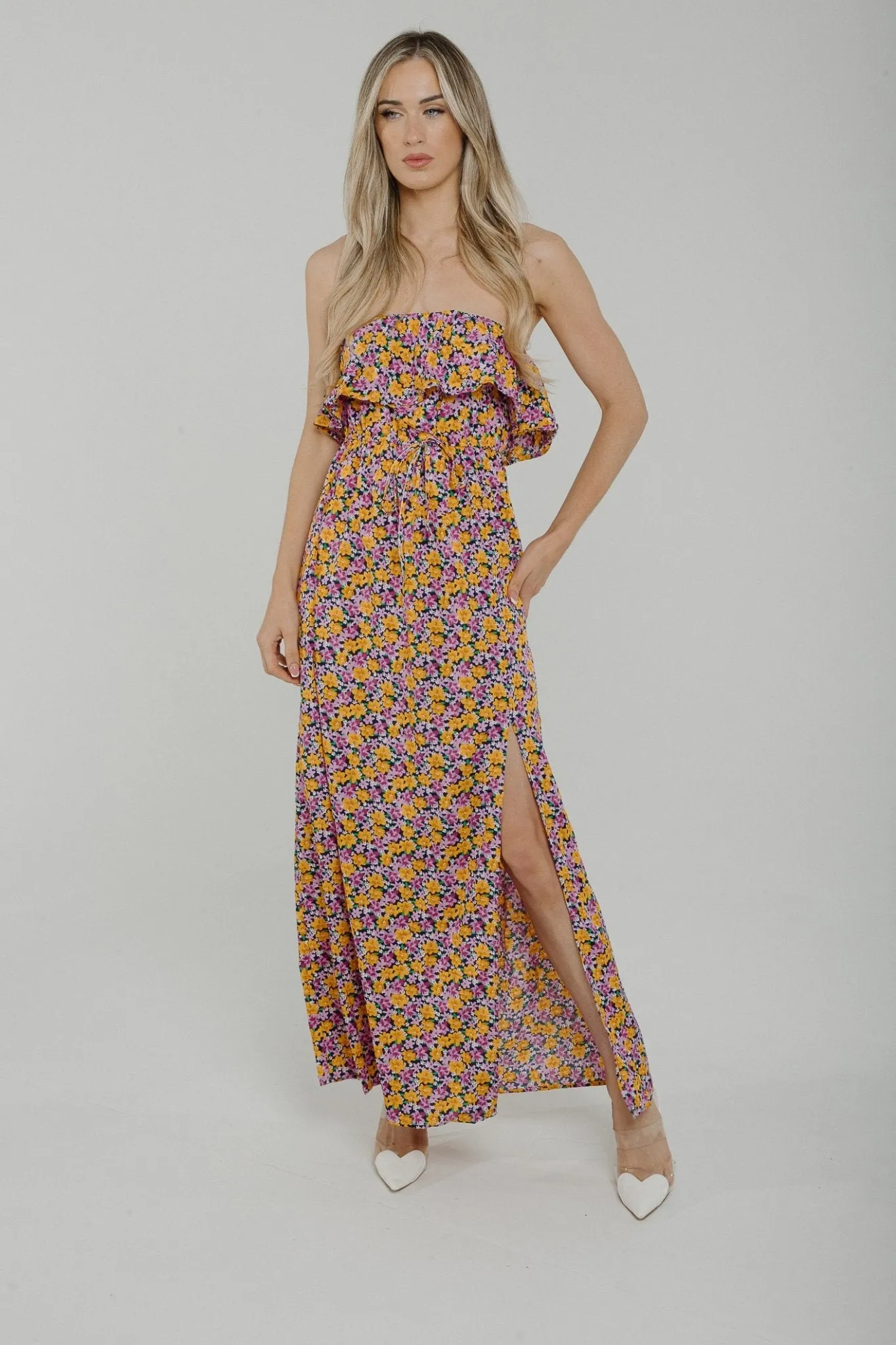 Casey Floral Strapless Dress In Purple Mix