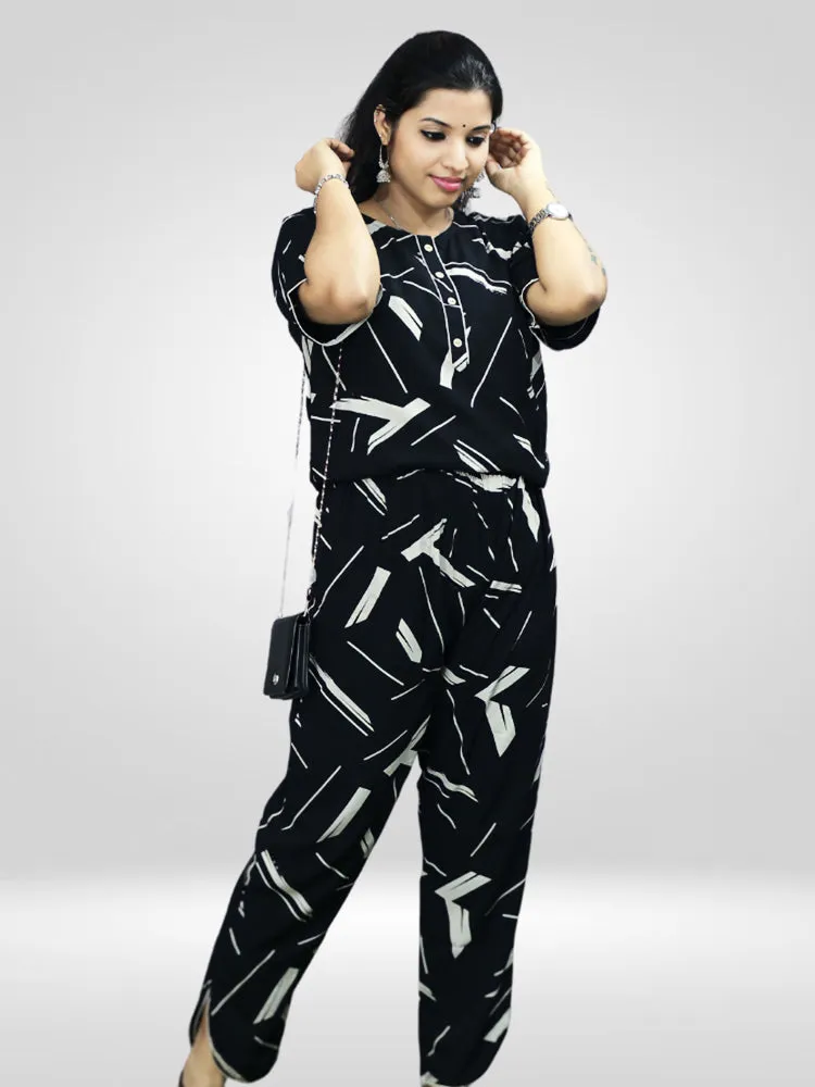 Casual Black Printed Co-ord Set for Women's in Comfortable Rayon