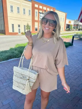 Casual Day Textured Knit Top and Short Set-Taupe