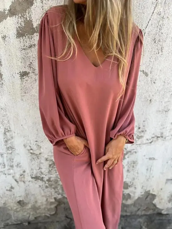 Casual loose V-neck solid color women's lantern sleeve dress