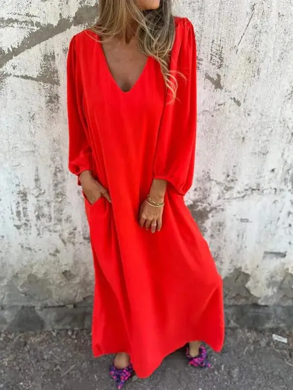 Casual loose V-neck solid color women's lantern sleeve dress