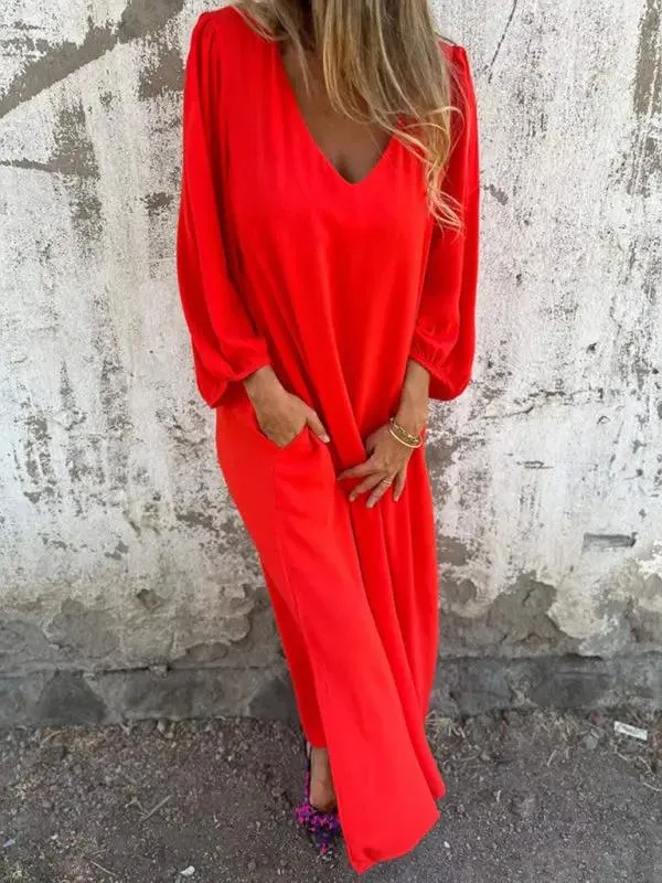 Casual loose V-neck solid color women's lantern sleeve dress