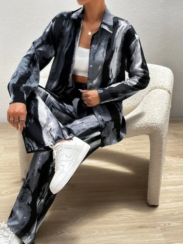 Casual printed suit long-sleeved tops and trousers two pieces set