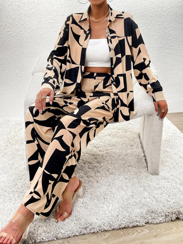 Casual printed suit long-sleeved tops and trousers two pieces set