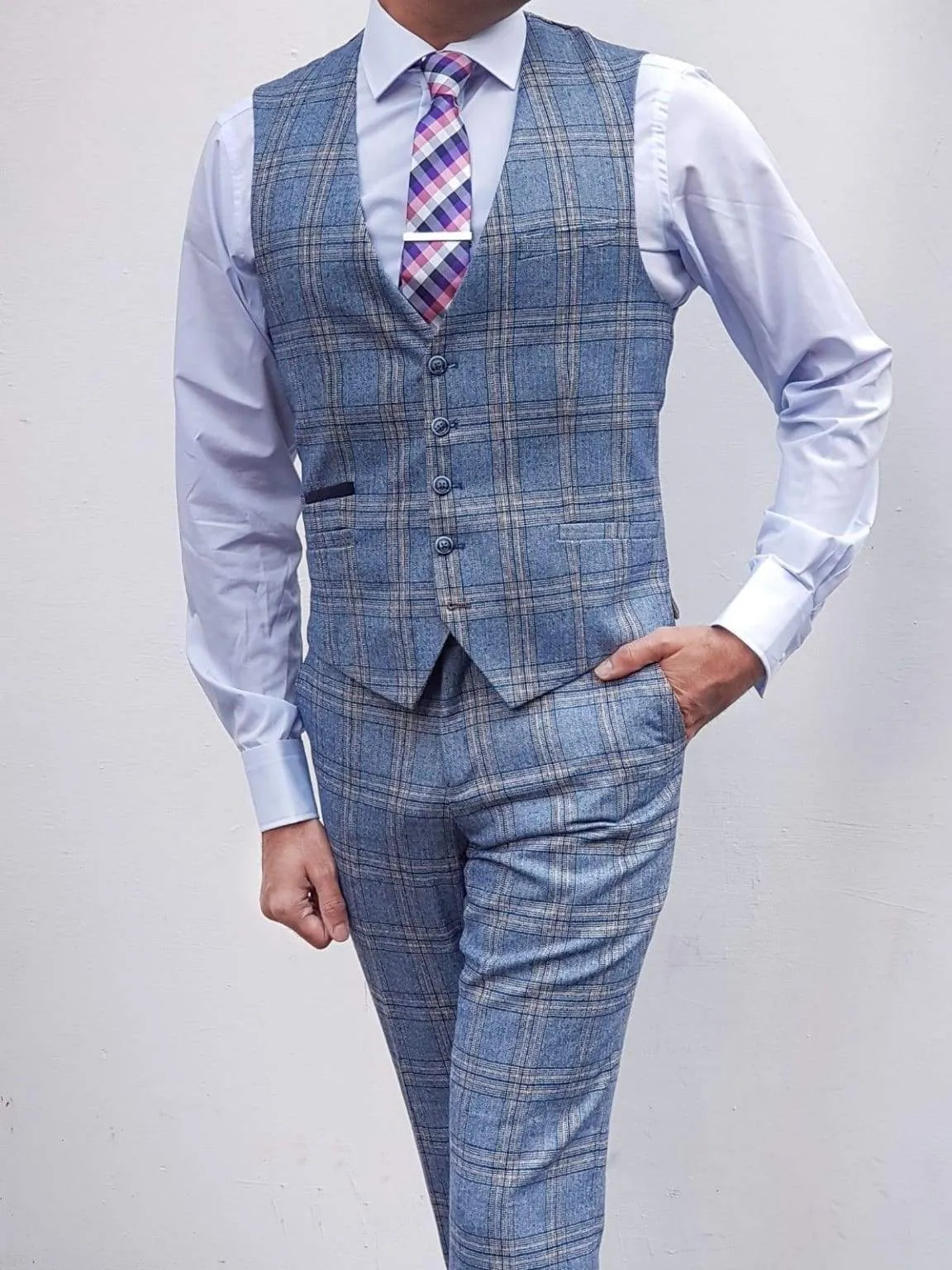 Cavani Brendan Blue Sim Fit check Waistcoat