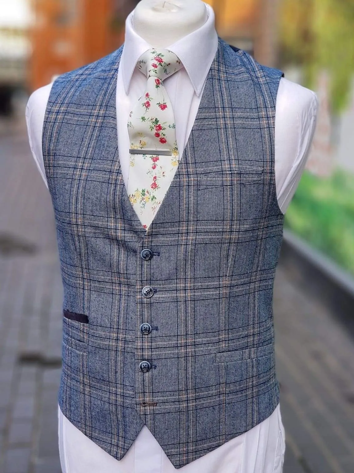 Cavani Brendan Blue Sim Fit check Waistcoat