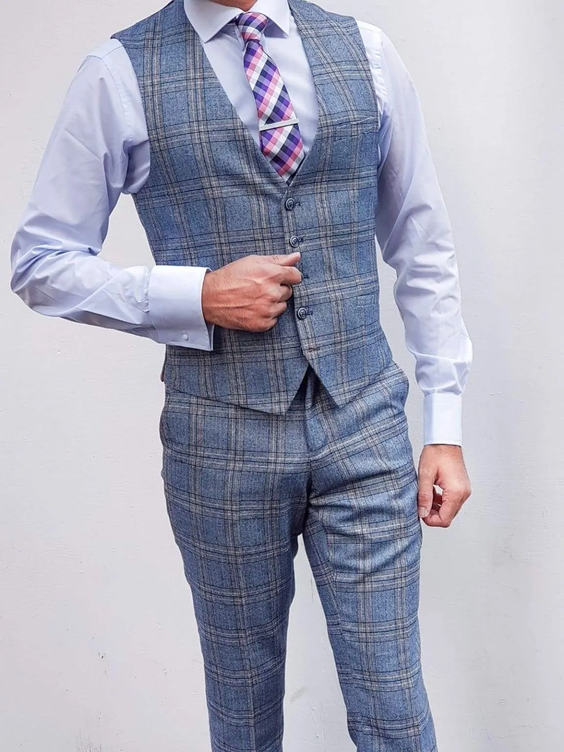 Cavani Brendan Blue Sim Fit check Waistcoat