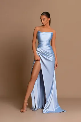 Charming Long Mermaid Strapless Sleeveless Satin Prom Dress with Slit