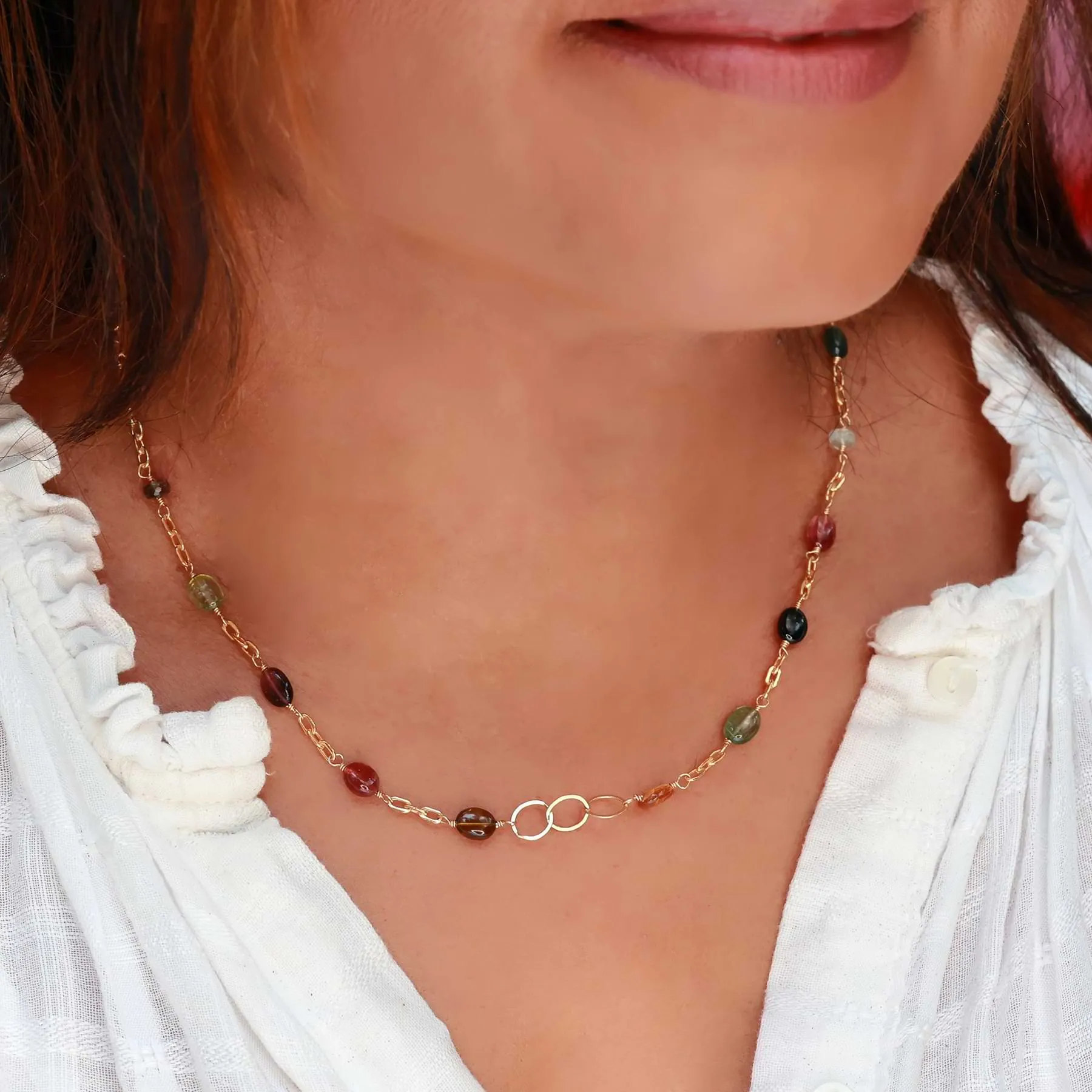 Chelsea - Multi Tourmaline Gold Chain Link Necklace