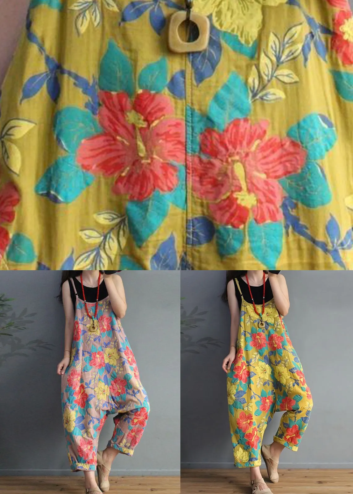 Chic Yellow Print High Waist Cotton Jumpsuit Sleeveless MN071