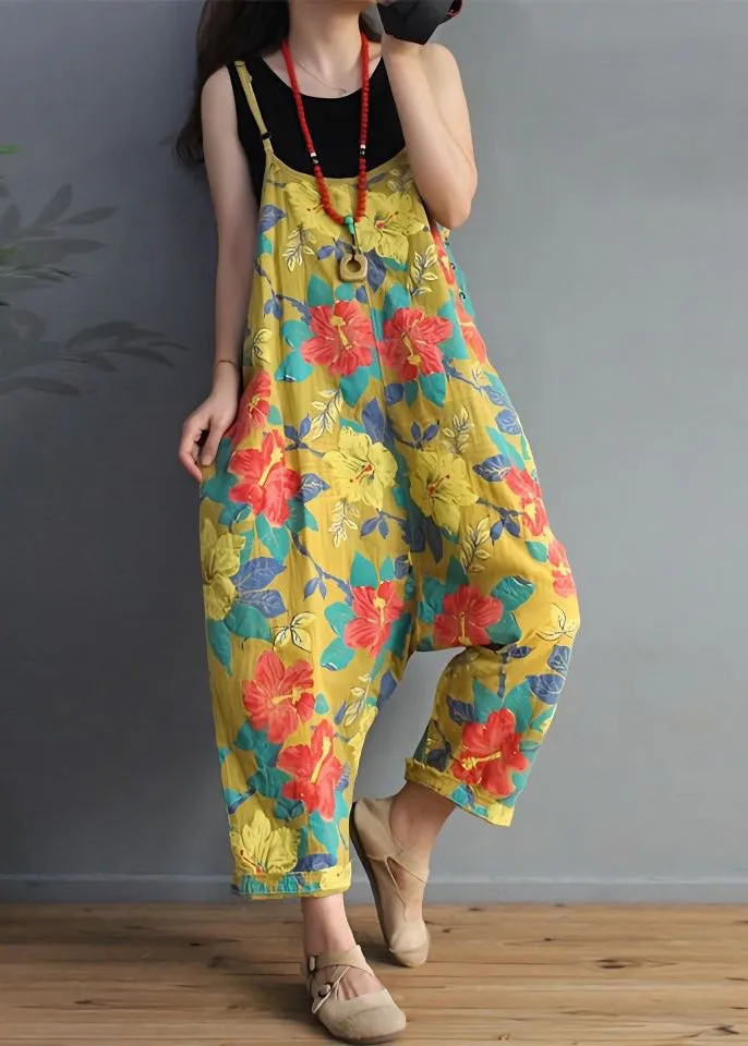 Chic Yellow Print High Waist Cotton Jumpsuit Sleeveless MN071