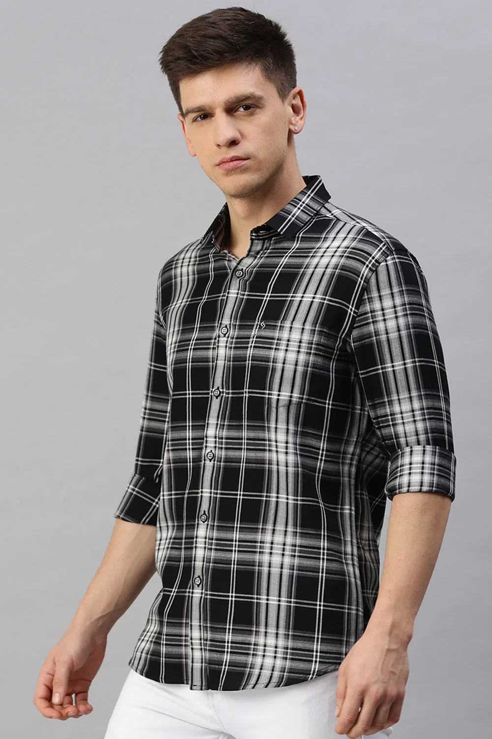 Classic Polo Men's Cotton Full Sleeve Checked Slim Fit Polo Neck Black Color Woven Shirt | So1-131 A