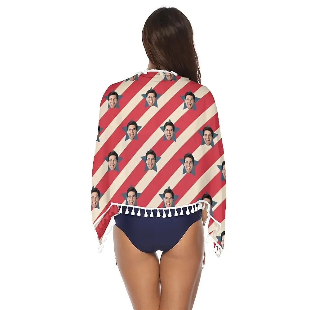 Custom Face Stars And Stripes Beach Wraps Chiffon Sarong Bikini Swimsuit Cover Ups Skirt Tassels