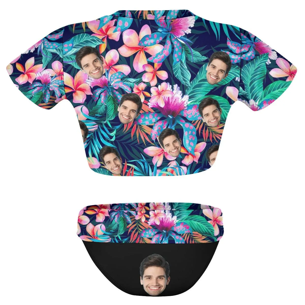 Custom Face Tropical Flowers Short Sleeve Crew Neck Bikini Personalized Women's Two Piece Swimsuit Beach Outfits