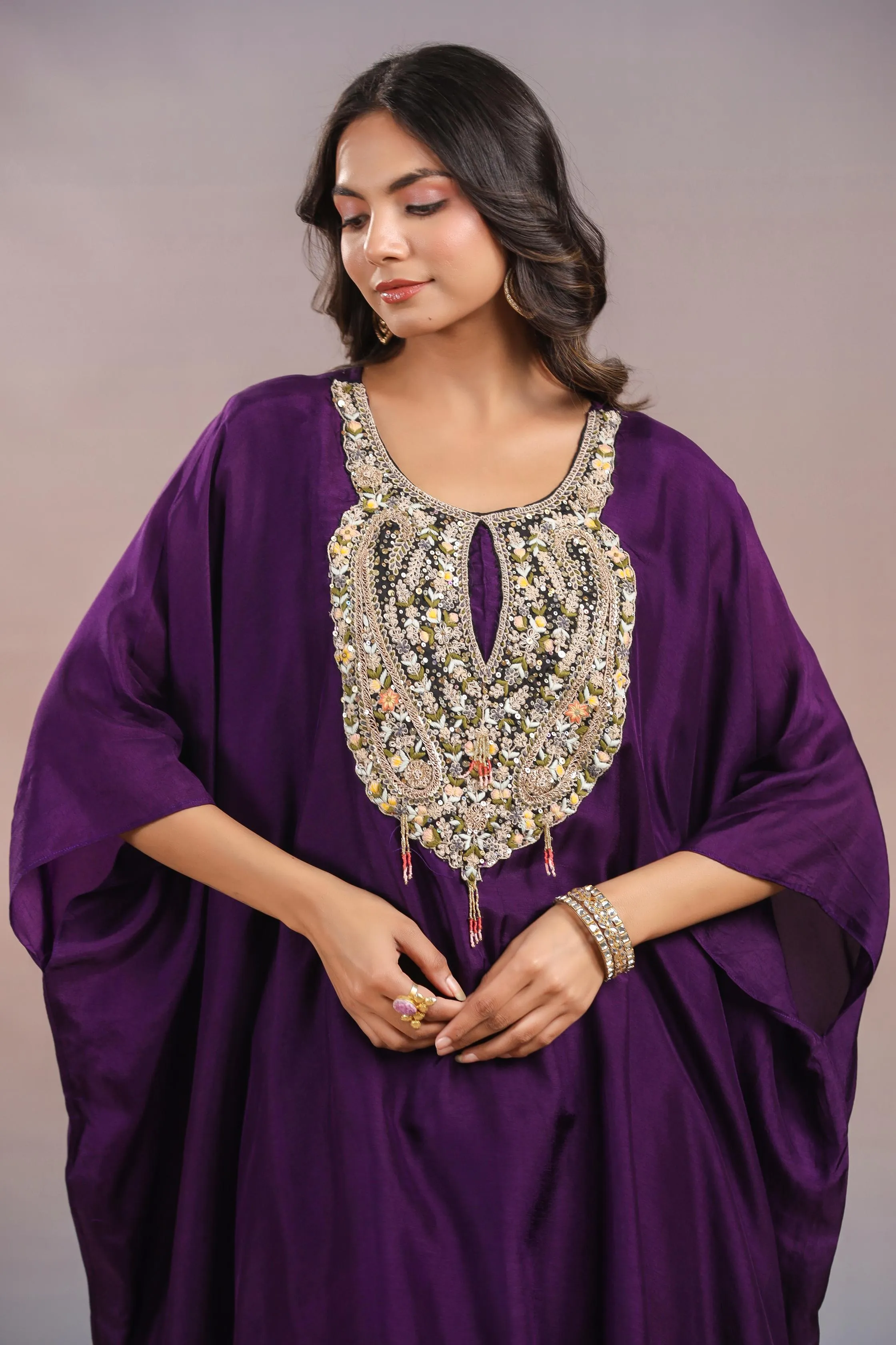 Dark Purple Embroidered Premium Silk Kaftan & Skirt Set