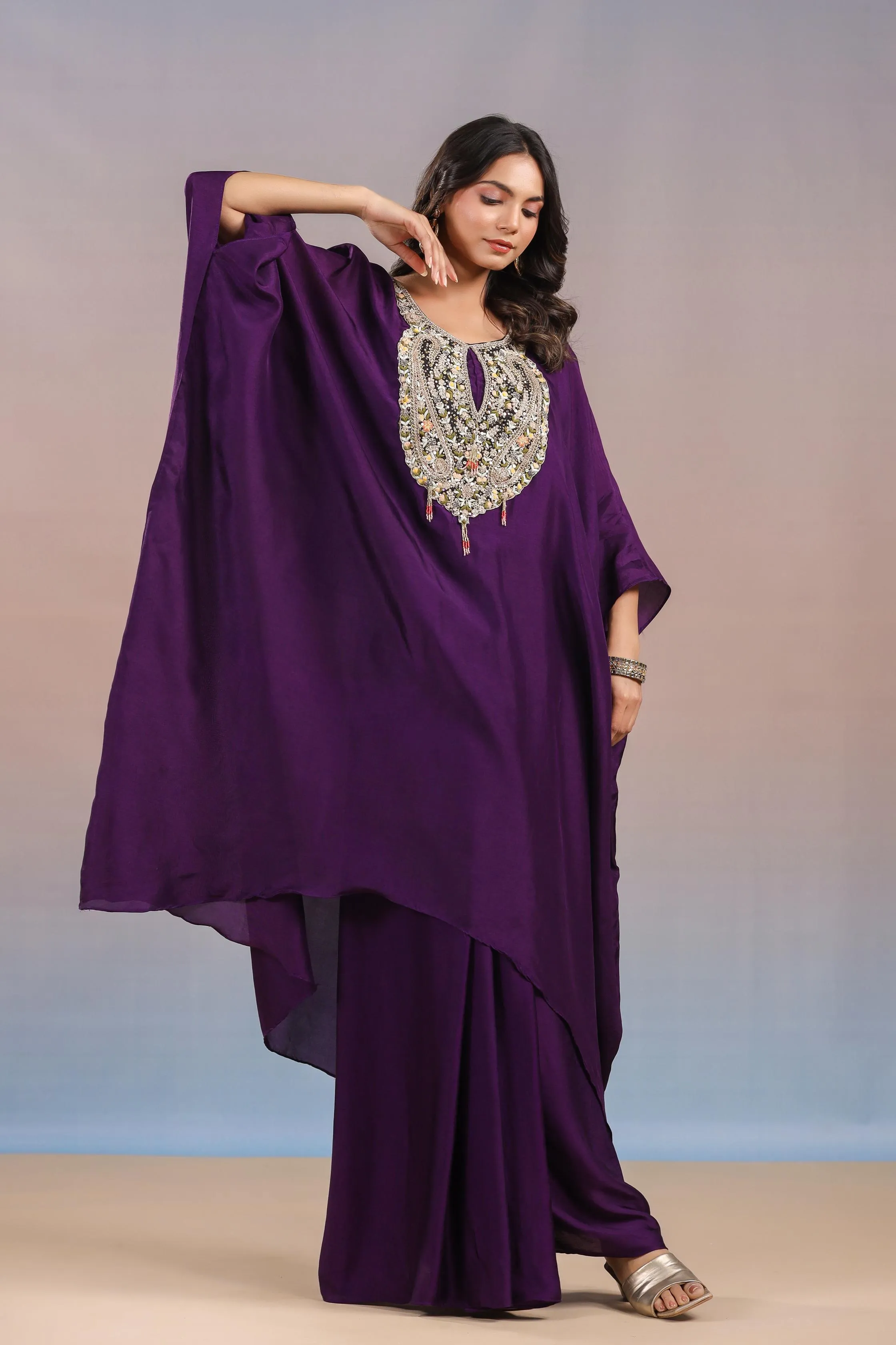 Dark Purple Embroidered Premium Silk Kaftan & Skirt Set