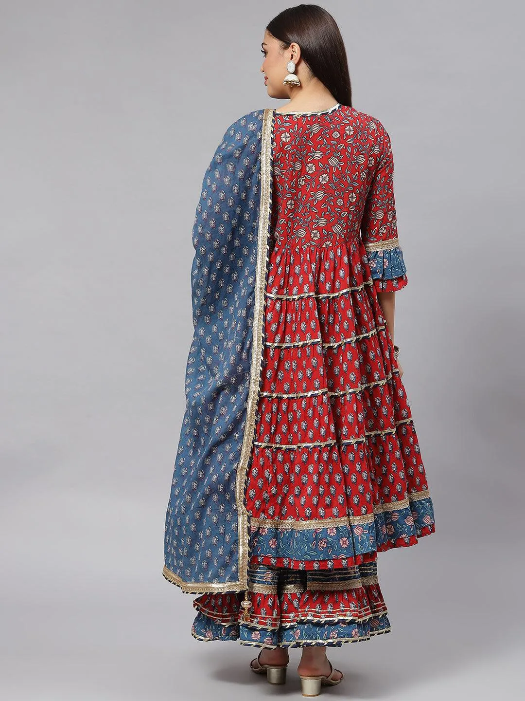 Divena Maroon & Blue Anarkali Kurta Sharara Set with Dupatta