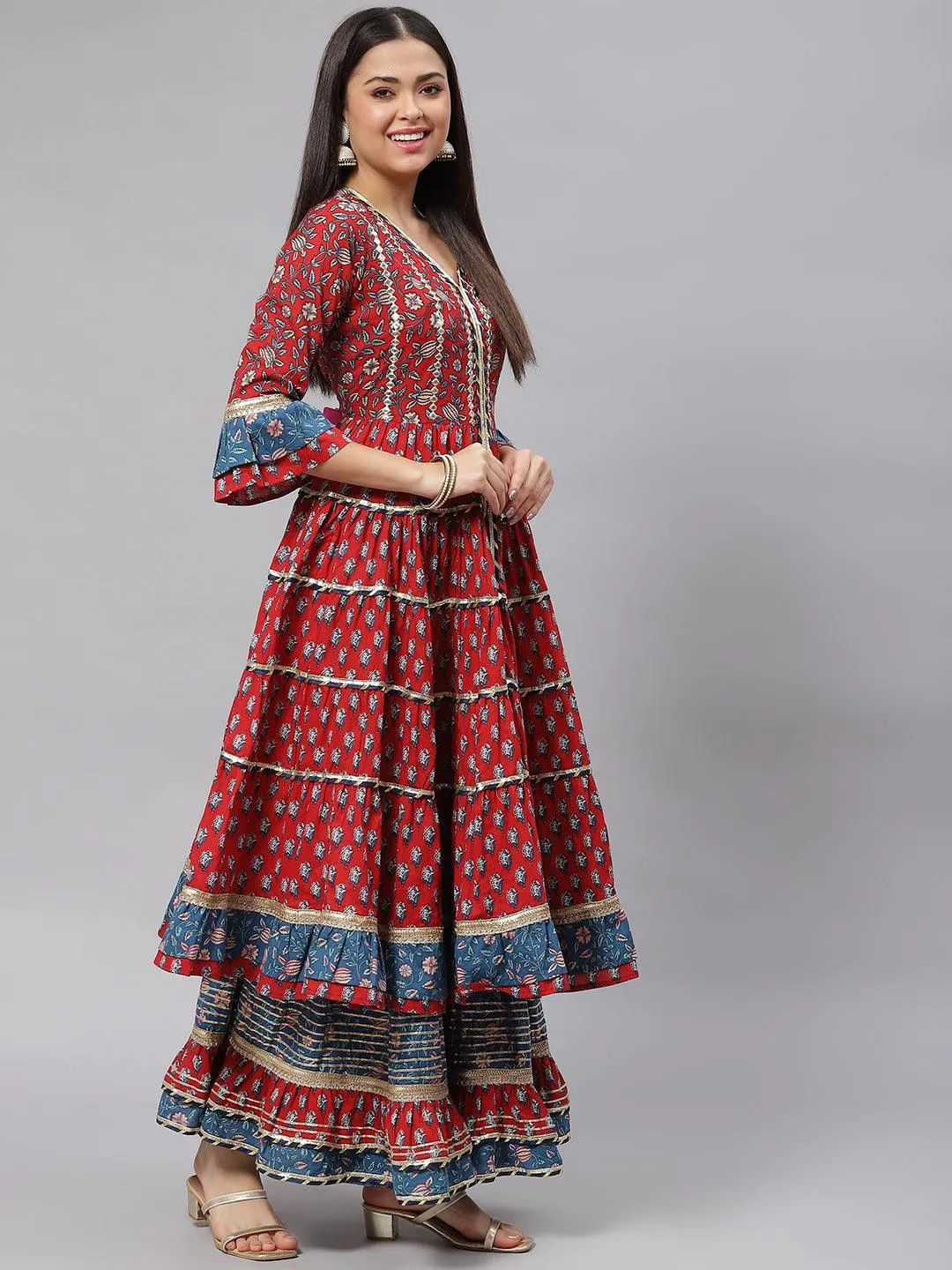 Divena Maroon & Blue Anarkali Kurta Sharara Set with Dupatta