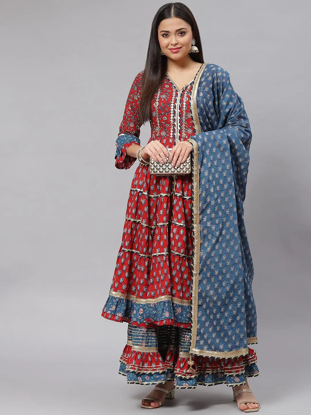 Divena Maroon & Blue Anarkali Kurta Sharara Set with Dupatta