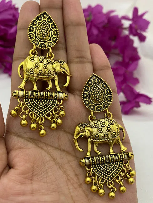 Elegant Antique Gold Elephant Design Pearl Hanging Earrings