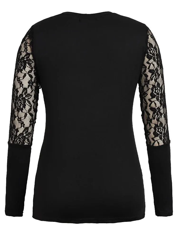 Elegant Black Lace Patchwork Rhinestone Shirt for Women