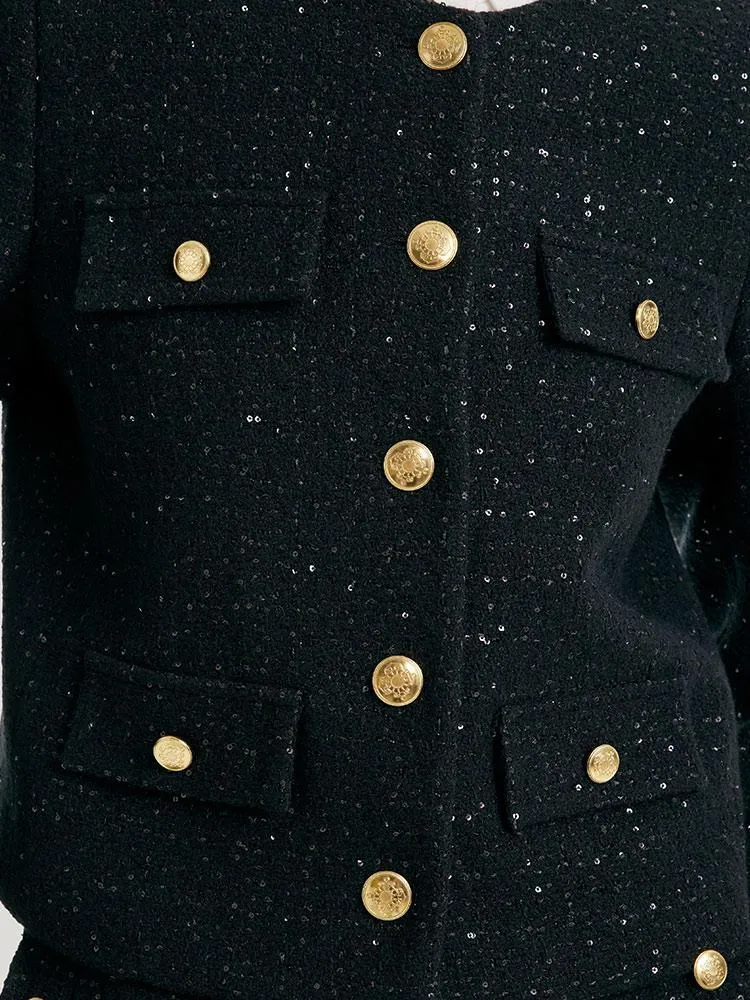 Elegant Black Tweed Cropped Women Jacket