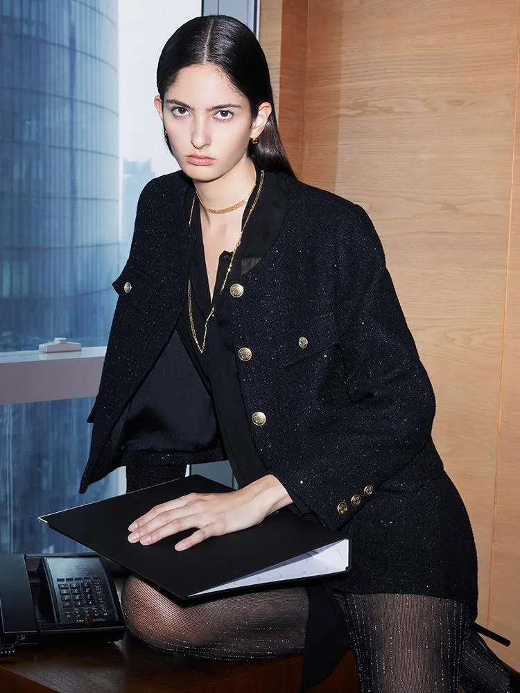 Elegant Black Tweed Cropped Women Jacket