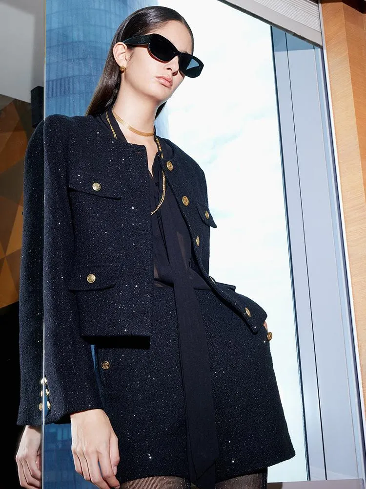 Elegant Black Tweed Cropped Women Jacket