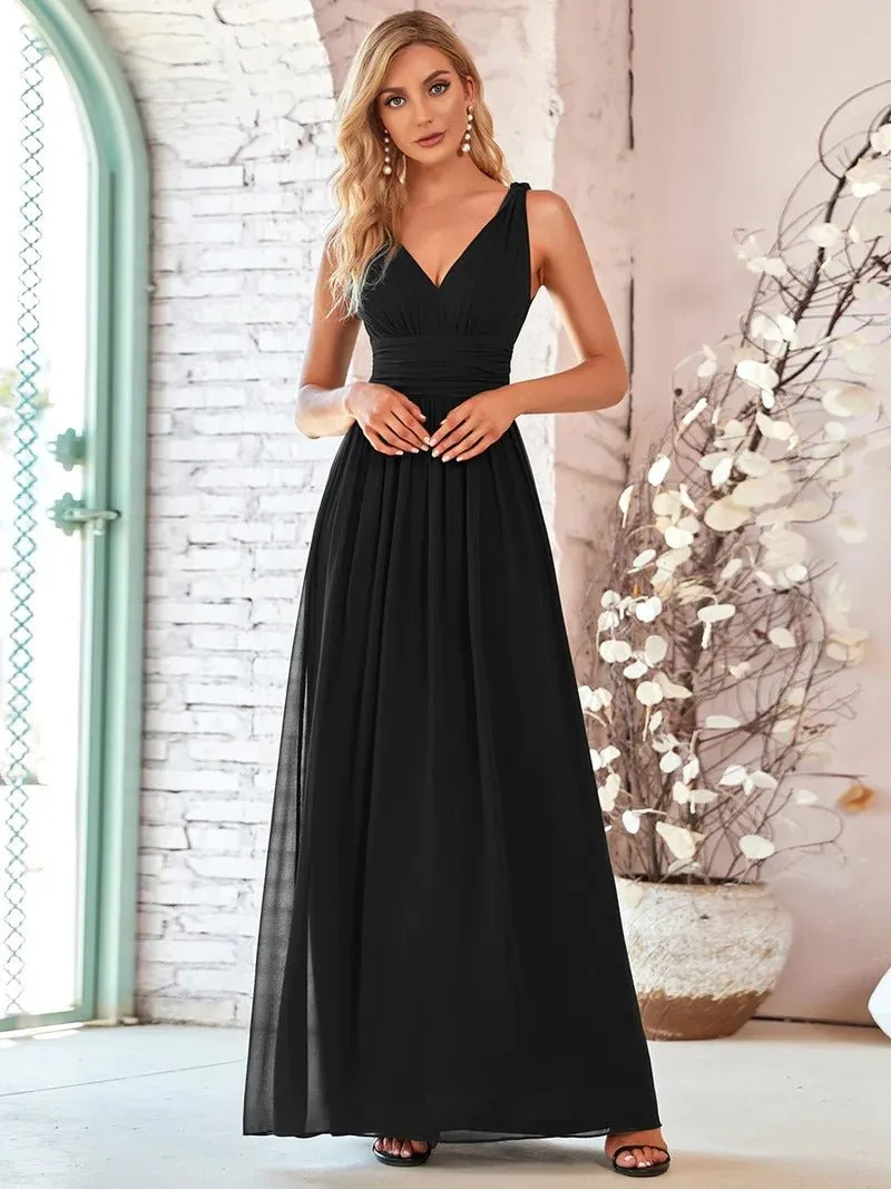 Elegant Double V-Neck Maxi Long Bridesmaid Dress