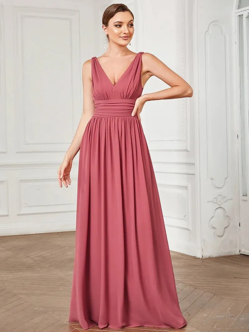 Elegant Double V-Neck Maxi Long Bridesmaid Dress