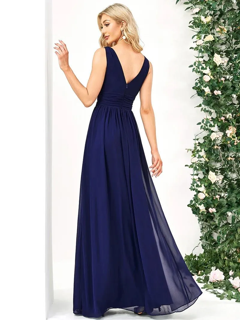 Elegant Double V-Neck Maxi Long Bridesmaid Dress