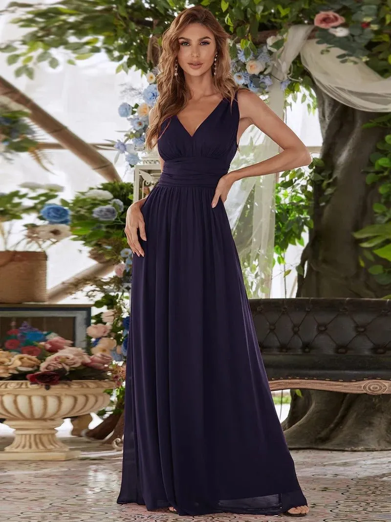 Elegant Double V-Neck Maxi Long Bridesmaid Dress