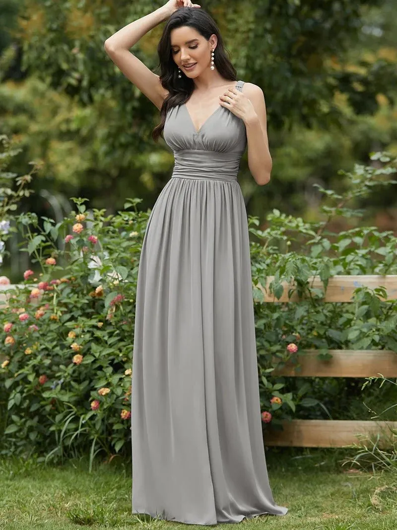 Elegant Double V-Neck Maxi Long Bridesmaid Dress