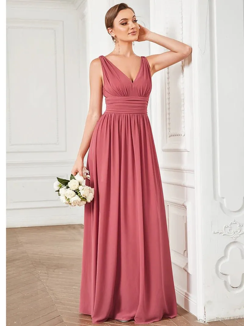 Elegant Double V-Neck Maxi Long Bridesmaid Dress