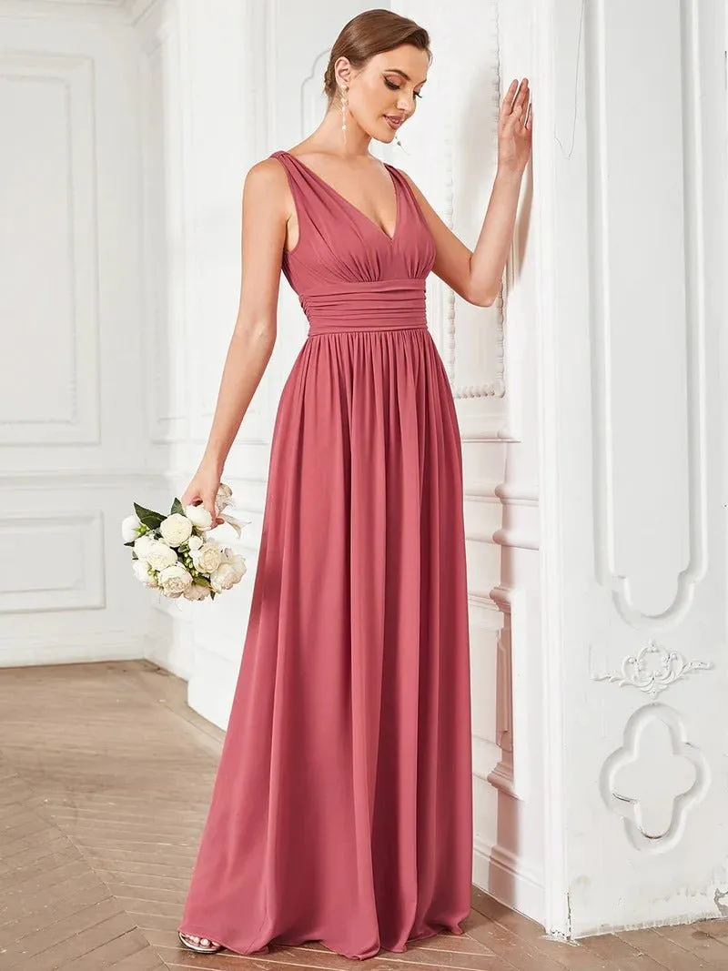 Elegant Double V-Neck Maxi Long Bridesmaid Dress