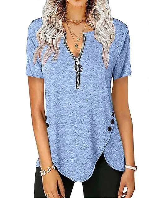 Elegant V-Neck Zippered Short-Sleeve Tunic Blouse