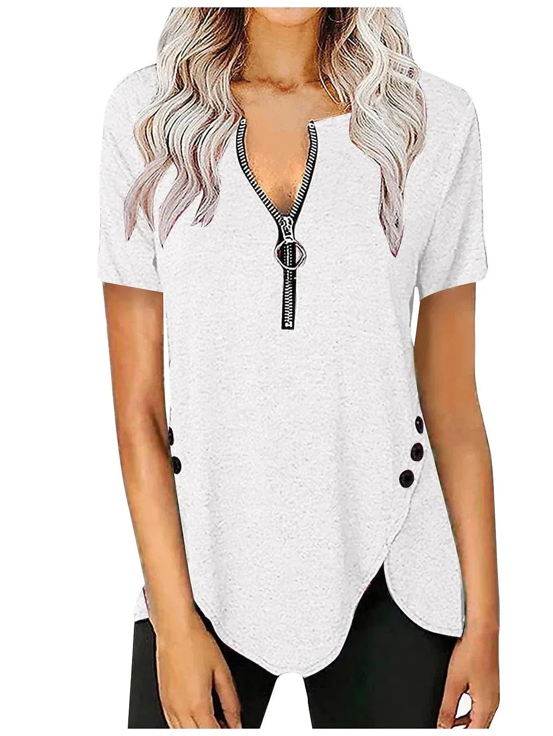 Elegant V-Neck Zippered Short-Sleeve Tunic Blouse