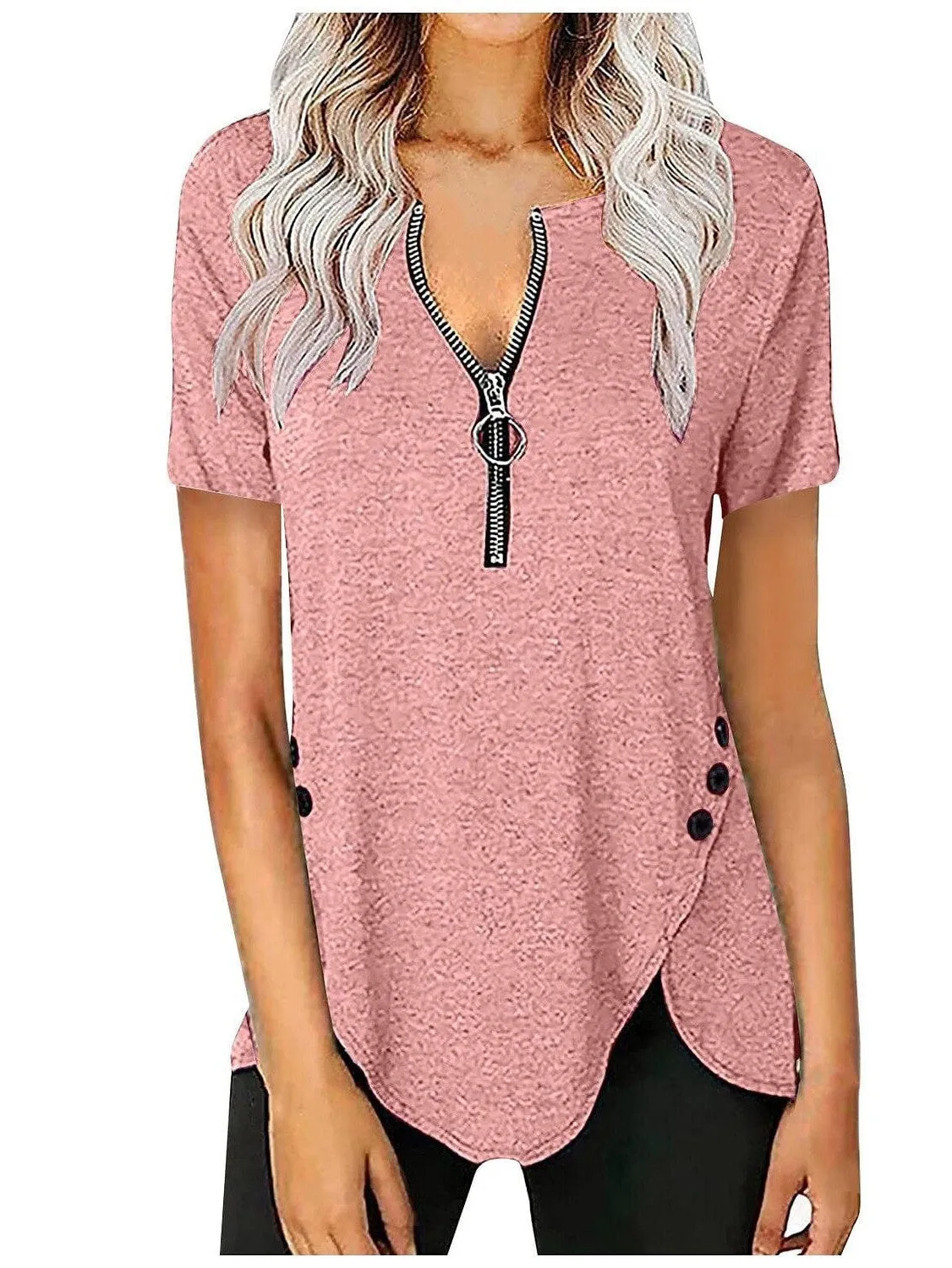 Elegant V-Neck Zippered Short-Sleeve Tunic Blouse