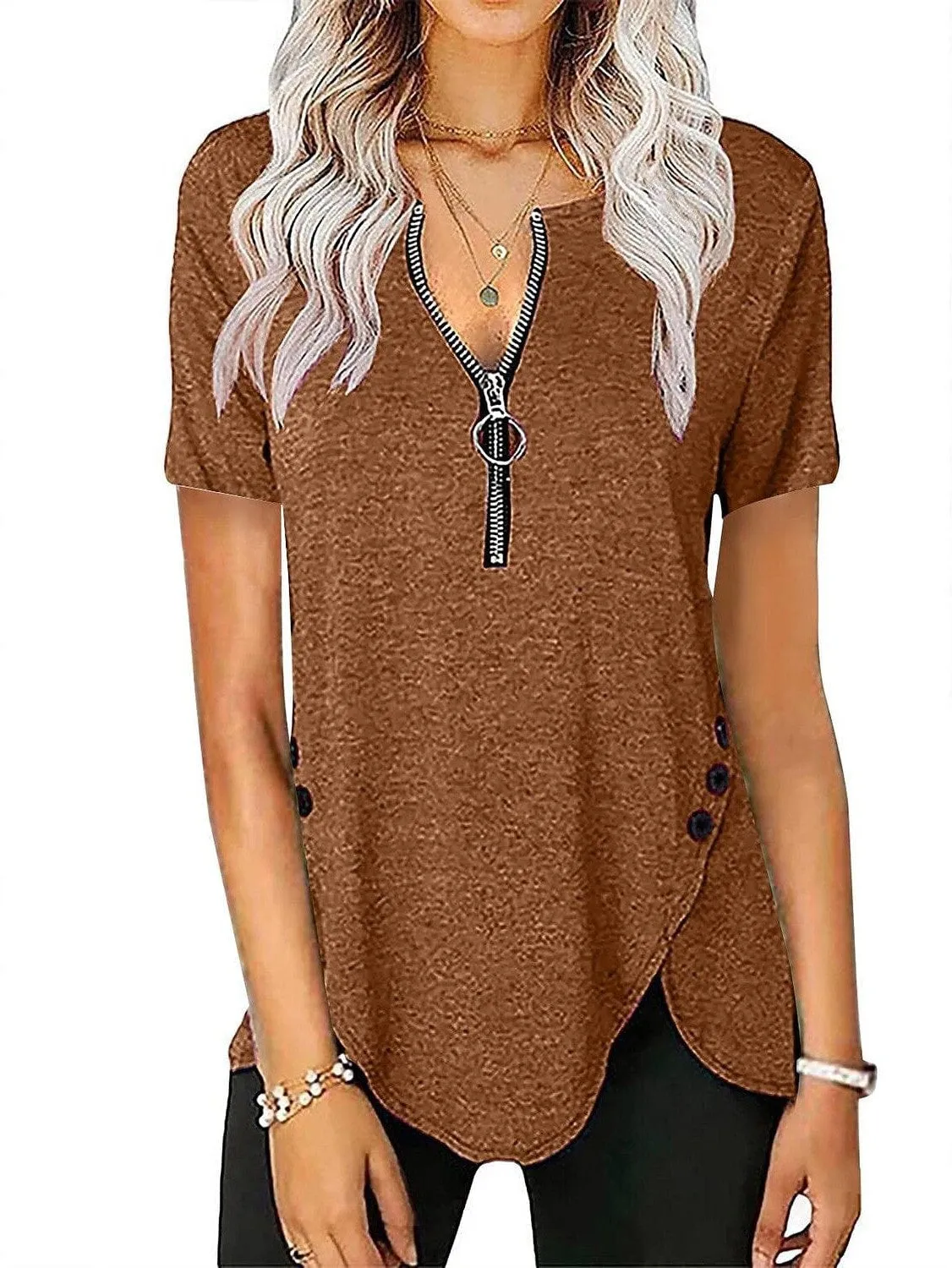 Elegant V-Neck Zippered Short-Sleeve Tunic Blouse